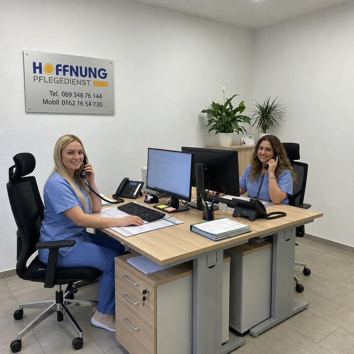 Telefonische Pflegeberatung und Erstgespräch durch Pflegedienstleitung Madina Rahman und Maja Kmetas beim Pflegedienst Hoffnung in Frankfurt Bornheim